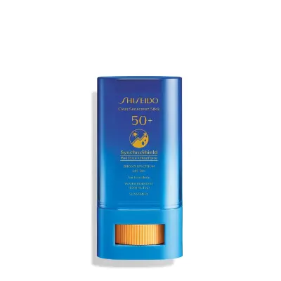 Shiseido Clear Sunscreen Stick SPF 50+ blue packaging with SynchroShield technology for UV protection