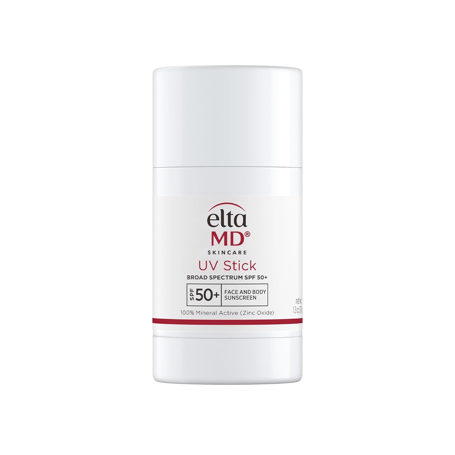 EltaMD UV Stick Broad-Spectrum SPF 50+ mineral sunscreen with 22% zinc oxide in white cylindrical jar packaging with red band