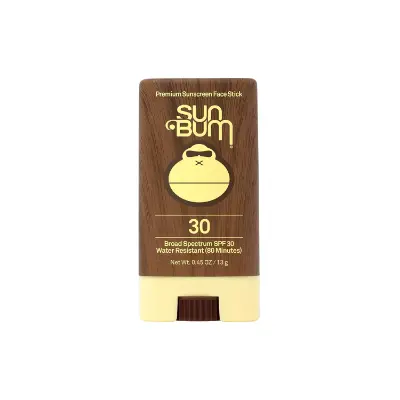 Sun Bum Original Face Stick SPF 30 reef-safe sunscreen in brown and yellow packaging with tropical coconut scent