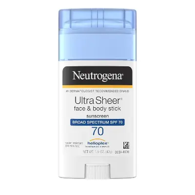 Neutrogena Ultra Sheer Face and Body Sunscreen Stick SPF 70 with helioplex technology in blue packaging with dry-touch matte finish