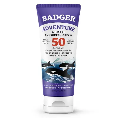 Badger Adventure Sport Mineral Sunscreen SPF 50 non nano zinc oxide reef safe organic sport sunscreen for outdoor activities