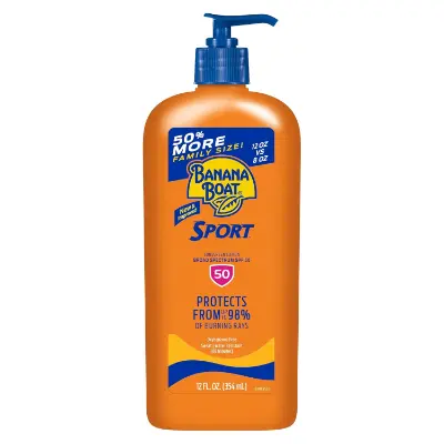 Banana Boat Sport Ultra SPF 50 Lotion water resistant chemical sunscreen for body beach days and family use