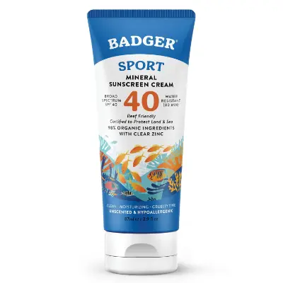 Badger Sport Mineral Sunscreen SPF 40 tube, reef-safe zinc oxide sport sunscreen