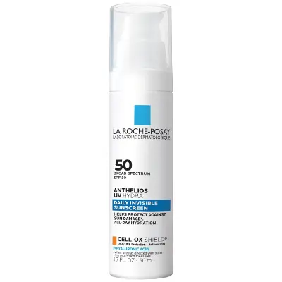 La Roche‑Posay Anthelios UV Hydra SPF 50 sunscreen bottle, hydrating hybrid facial SPF with hyaluronic acid, vitamin E and Cell‑Ox Shield for dull, dehydrated mature skin.