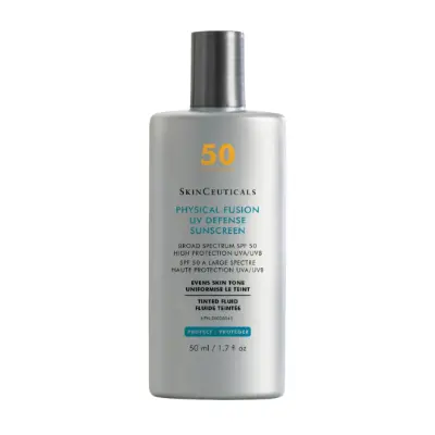 SkinCeuticals Physical Fusion UV Defense SPF 50 fluid bottle, 100% mineral tinted sunscreen with zinc oxide, titanium dioxide and artemia salina for radiant post‑procedure skin.