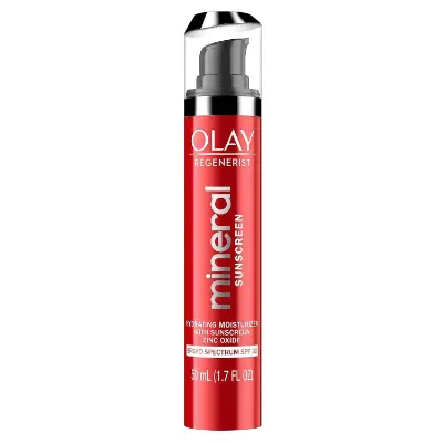 Olay Regenerist Mineral Sunscreen SPF 30 moisturizer jar, 100% zinc oxide mineral SPF with niacinamide and peptides for firming, brightening and hydrating aging skin.