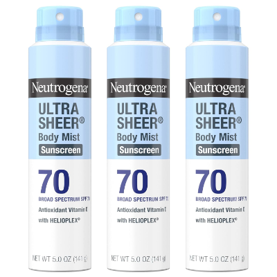 Neutrogena Ultra Sheer Body Mist SPF 70 lightweight drugstore sunscreen spray can – high SPF invisible body mist for strong sun protection