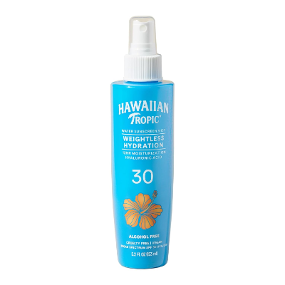 Hawaiian Tropic Weightless Hydration Water Mist SPF 30 alcohol‑free hydrating sunscreen mist bottle – tropical‑scented SPF for dry skin
