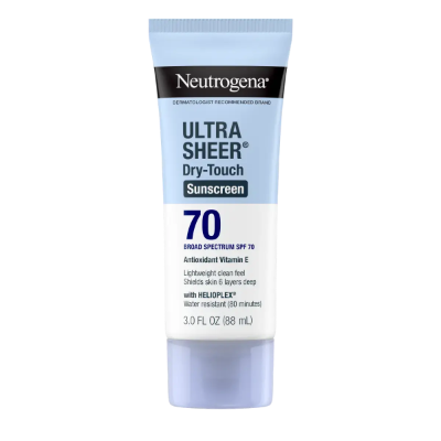 Neutrogena Ultra Sheer Dry-Touch SPF 70 high SPF face sunscreen with matte, non-greasy finish for outdoor activities