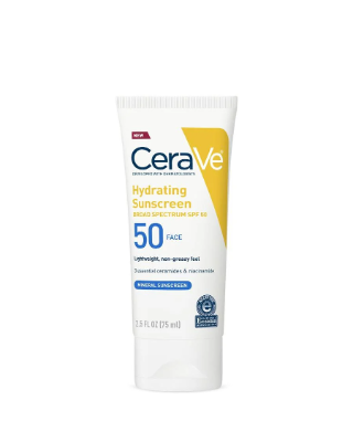 CeraVe Hydrating Mineral Sunscreen SPF 50 for dry sensitive skin with ceramides, niacinamide, and hyaluronic acid.