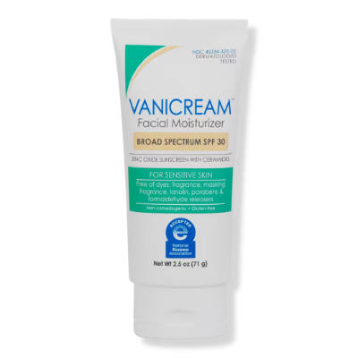 Vanicream Facial Moisturizer SPF 30 mineral sunscreen for ultra-sensitive skin, fragrance-free zinc oxide formula.