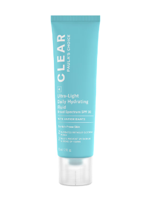 Paula’s Choice CLEAR Ultra‑Light Daily Fluid SPF 30+ sunscreen for blemish‑prone oily skin.