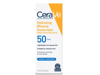 CeraVe Hydrating Mineral Sunscreen SPF 50 with ceramides and niacinamide for oily sensitive skin.