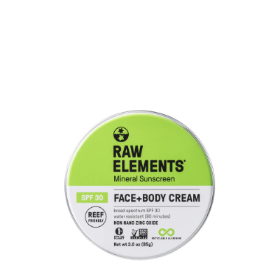 Raw Elements mineral sunscreen SPF 30 eco-friendly lime green tin with reef-safe zinc oxide for sustainable beach protection