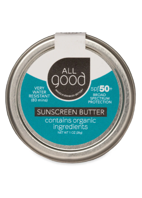 All Good SPF 50 organic mineral sunscreen butter white metal tin with blue label containing zinc oxide for sensitive skin