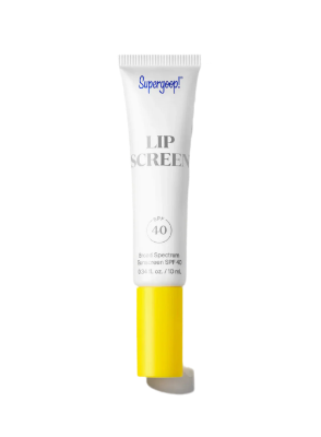 Supergoop Lipscreen SPF 40 lip gloss sunscreen tube with yellow cap on white and beige background