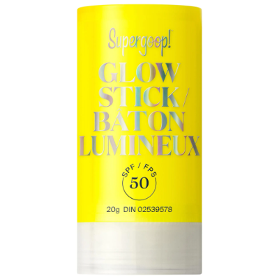 Supergoop Glow Stick SPF 50 chemical sunscreen stick with dewy highlighter finish in yellow packaging on white background
