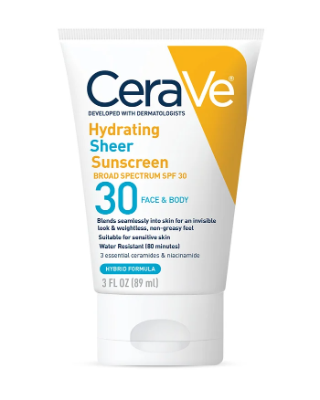 CeraVe Hydrating Sheer Sunscreen SPF 30 hybrid mineral chemical sunscreen for face with niacinamide and hyaluronic acid