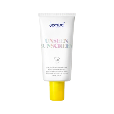 Supergoop! Unseen Sunscreen SPF 40 tube, invisible gel sunscreen and makeup primer with broad‑spectrum hybrid filters, antioxidants and blue light protection for all skin types.