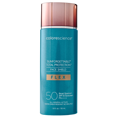 Colorescience Sunforgettable Total Protection Face Shield Flex SPF 50 in multiple shades, tinted mineral sunscreen for melasma and visible light protection