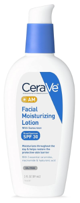 CeraVe AM Facial Moisturizing Lotion SPF 30 with ceramides and niacinamide for daily hydration and sun protection