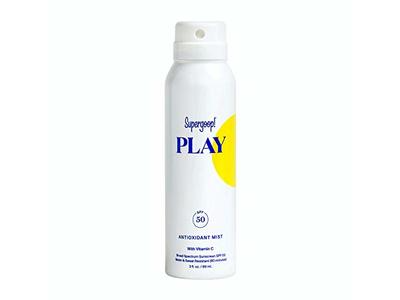Supergoop PLAY Antioxidant Body Mist SPF 50 non‑aerosol sunscreen spray bottle on a neutral background – best overall sunscreen spray for active days