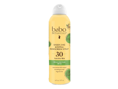 Babo Botanicals Sheer Zinc Spray SPF 30 non‑nano zinc mineral sunscreen spray bottle – fragrance‑free hypoallergenic SPF for babies and sensitive skin