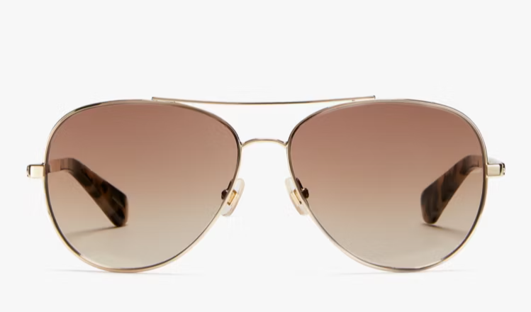 Kate Spade Avaline feminine aviator sunglasses in rose gold metal frame, playful women’s aviators with impact‑resistant lenses and signature spade logo detail.