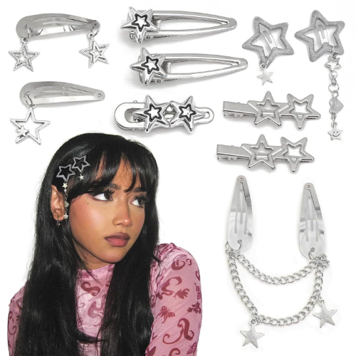 Y2K silver metal snap barrettes with star and pentagram shapes for statement styling.