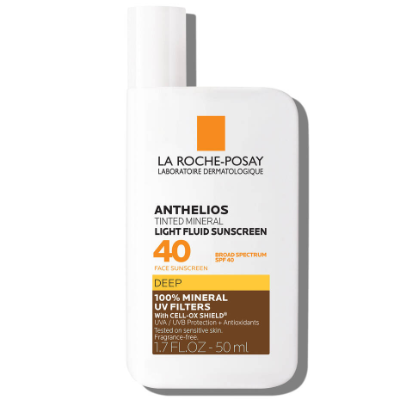 La Roche-Posay tinted mineral face sunscreen SPF 40 for sensitive dark skin, natural matte finish.