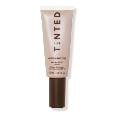 Live Tinted Hueguard skin tint SPF 50, water and sweat resistant tinted mineral sunscreen designed for medium to deep melanin rich skin tones
