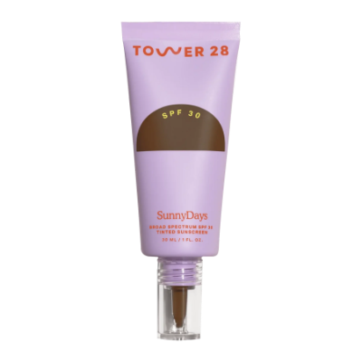 Tower 28 SunnyDays tinted sunscreen foundation SPF 30 for deep neutral skin, suitable for eczema-prone skin.