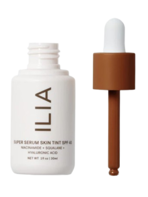 ILIA Super Serum tinted face sunscreen SPF 40 for very deep golden skin, hydrating dewy finish.