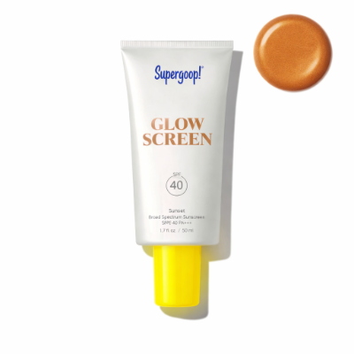 Supergoop Glowscreen tinted hybrid face sunscreen SPF 40 for dark skin, luminous primer-like glow.