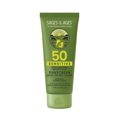 Sages of the Ages mineral body sunscreen SPF 50 with tallow base for moisturizing broad-spectrum protection.