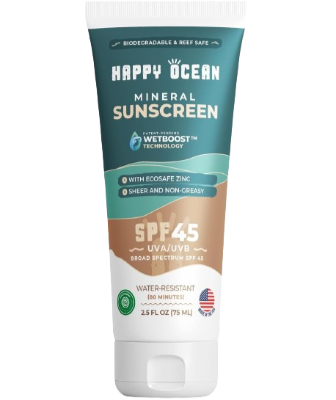Happy Ocean SPF 45 biodegradable reef safe sunscreen, non nano zinc oxide 80 minute water resistant mineral sunscreen for eco conscious swimmers