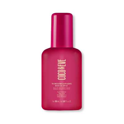 Coco & Eve Tan Boosting Anti-Aging Body Oil SPF 45 for safer tan enhancement and anti-aging hydration.