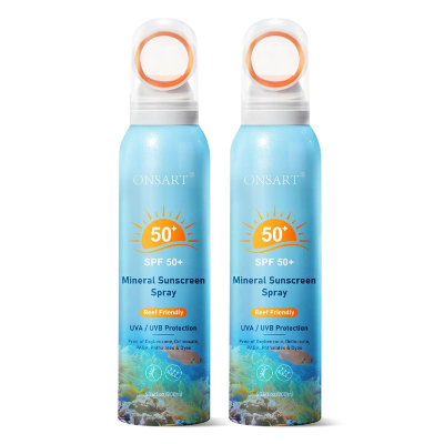 Onsart reef safe mineral sunscreen spray SPF 50 plus, 80 minute water resistant zinc oxide spray, 2 pack for ocean swimming and beach days