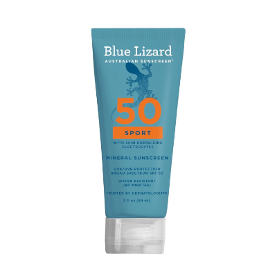 Blue Lizard Sport mineral SPF 50 water resistant sunscreen lotion, 80 minute reef friendly zinc and titanium dioxide formula for sports