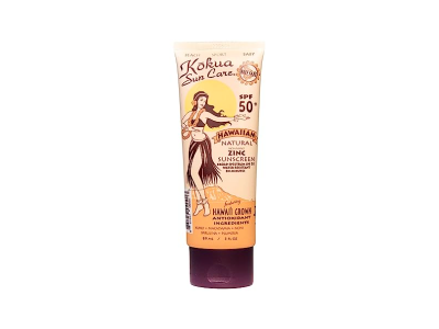 Kokua Sun Care Hawaiian sunscreen SPF 50, 80 minute water resistant reef safe mineral sunscreen made in Hawaii with natural ingredients