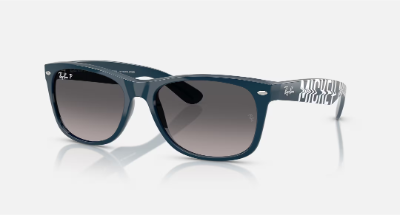 Ray-Ban New Wayfarer Disney Mickey & Minnie Mouse RB2132 in iridescent blue navy with grey gradient polarized lenses for women