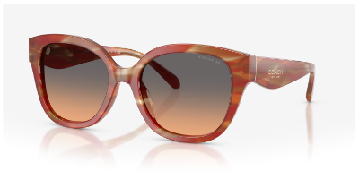 Coach HC8438U oversized square wayfarer-style sunglasses with green accents and grey gradient lenses for women