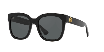 Gucci GG0034SN black rectangular wayfarer-style sunglasses with gold GG logo, luxury women’s sunglasses
