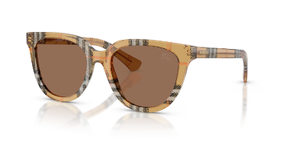 Burberry BE4469F square wayfarer-style sunglasses in warm brown with subtle Burberry check temple detail for women