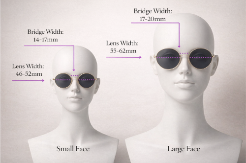 Small vs large oval faces sunglasses sizing rules illustration