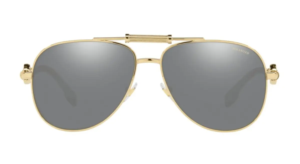 Versace VE2236 polarized pilot sunglasses for women, gold frame with grey lenses, best driving sunglasses