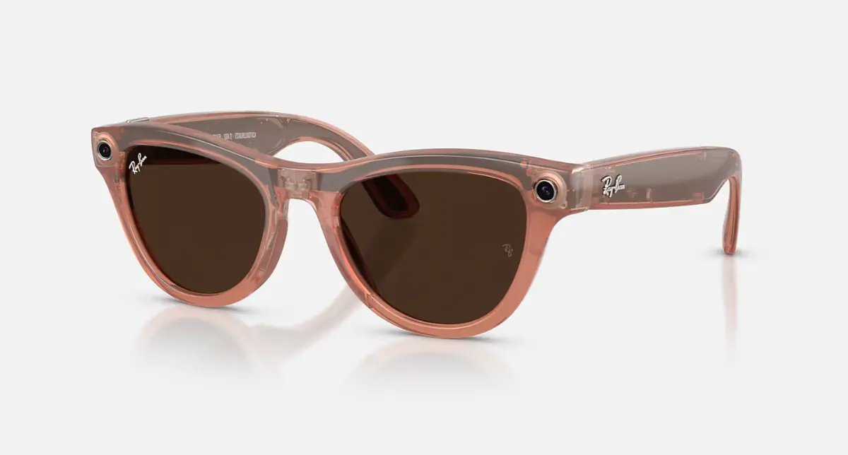 Ray-Ban Meta Skyler Gen 2 smart peach cat-eye sunglasses on neutral background