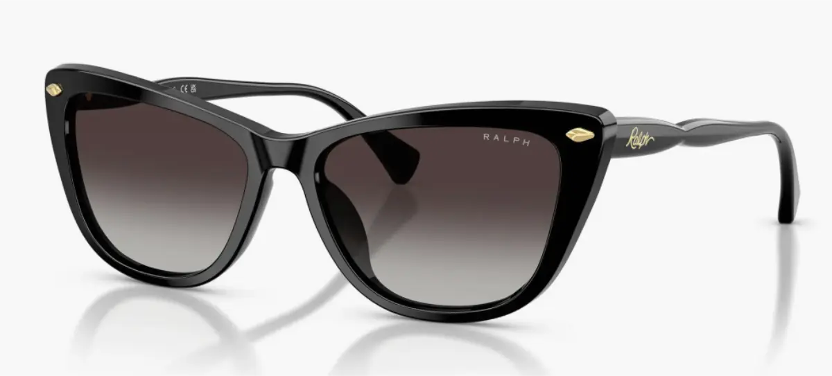 Ralph Lauren shiny black 57mm cat-eye sunglasses with grey gradient lenses