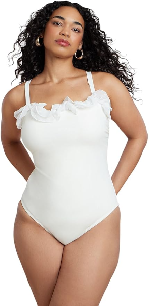 The best plus size ruffle one piece swimsuit by ELOQUII 2026 on a white background