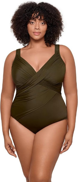 The best plus size wrap one piece swimsuit by Miraclesuit 2026 on a white background